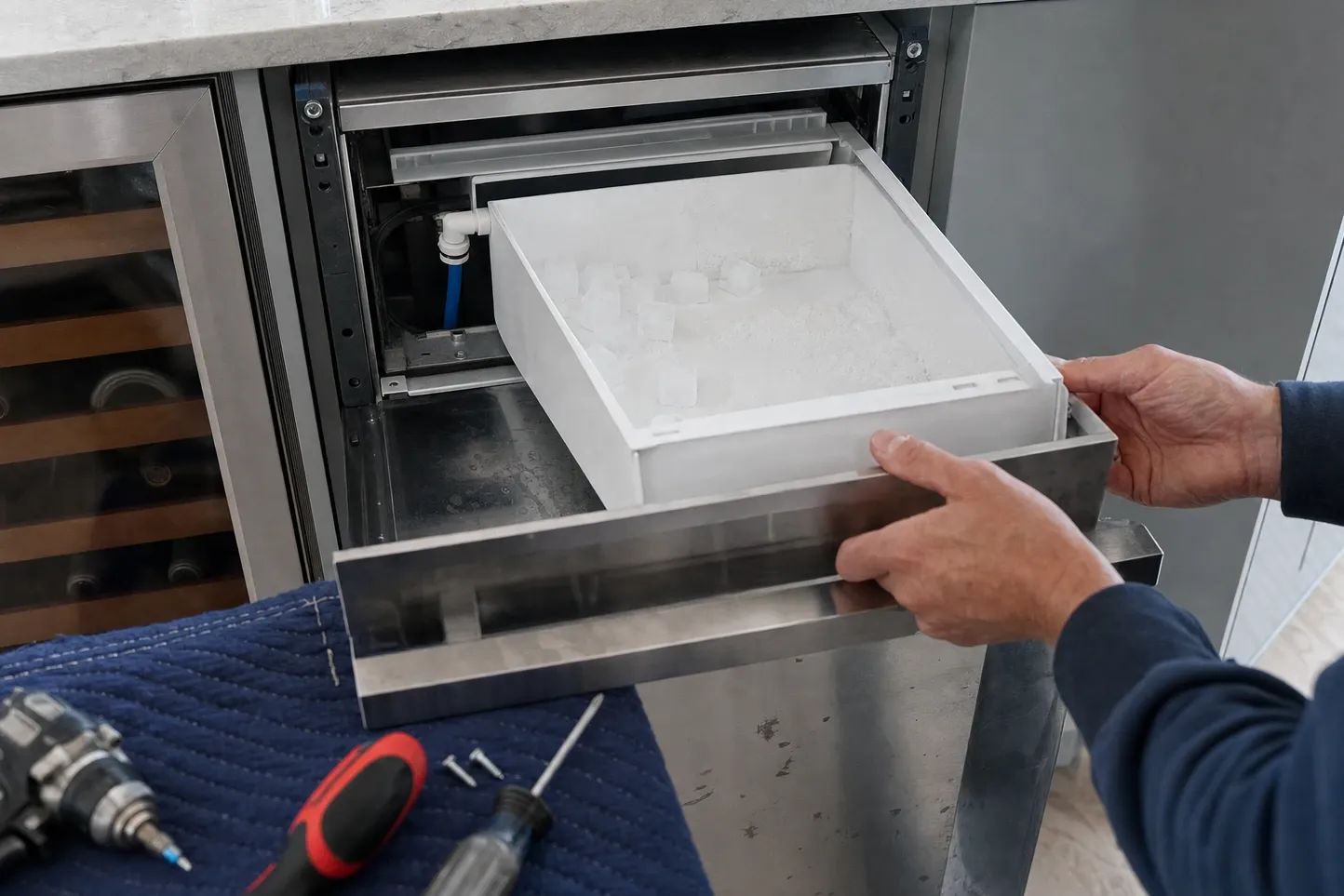 Hands lifting the ice bin out of an open undercounter ice maker drawer, tools laid out on a blanket