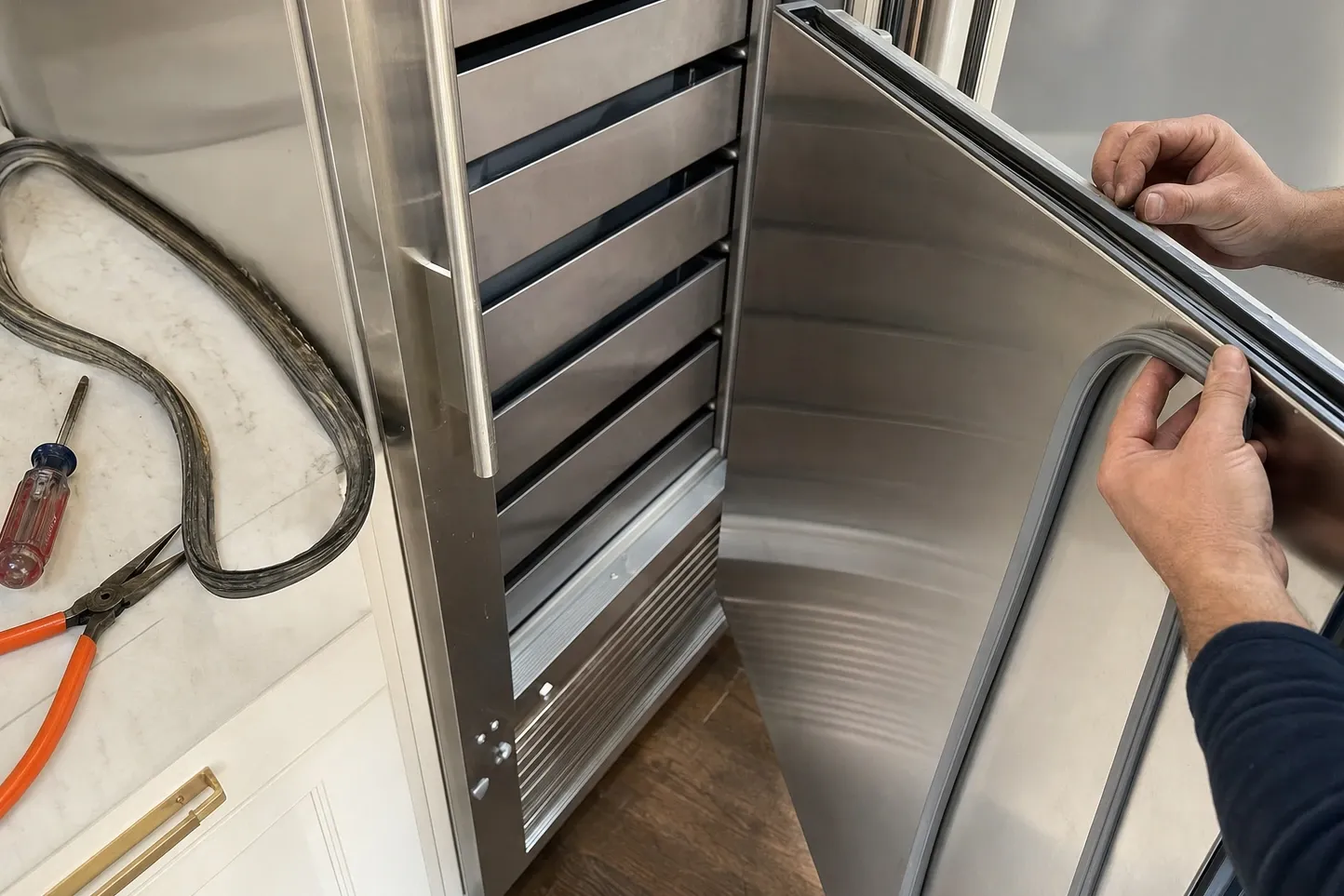 Hands pressing a new gasket into the channel of an open stainless door, the old gasket coiled on the counter